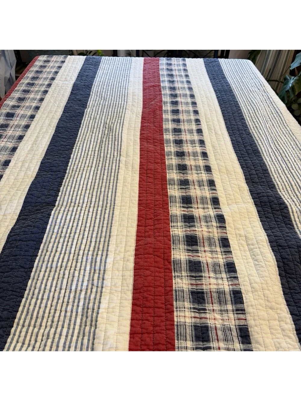 Cotton Quilt Twin Red White Blue Stripe And Plaid Comfy And Preowned Well Loved